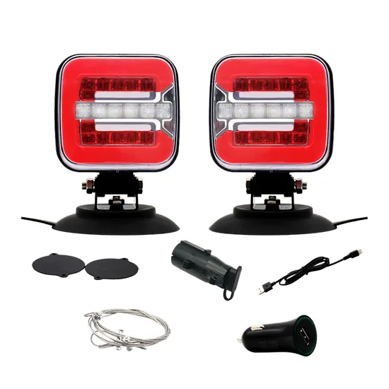 LED Wireless Trailer Tail Lights Kit Chargeable Magnetic Adjustable Bracket Turn Signal Indicator Brake Reverse Lamp for Us EU with Wire Rope 